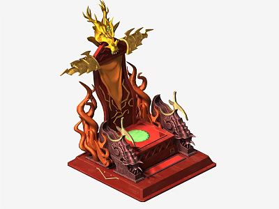 Ornate Dragon Throne Featuring Golden Dragon Head Flames Red Seat and Green Cushion 3d model