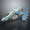 Futuristic Spaceship With Blue And White Exterior Detailed Structure Wings Engine Parts And Orange Accents