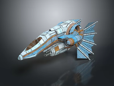 Futuristic Spaceship With Blue And White Exterior Detailed Structure Wings Engine Parts And Orange Accents 3d model