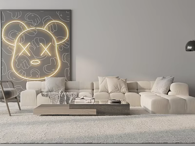 Modern Living Room Sofa Coffee Table Set With Neon Art Painting And Light Colored Design 3d model