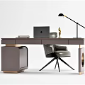 Modern Home Office Desk With Gray Chair Laptop Black Table Lamp And Storage Drawers