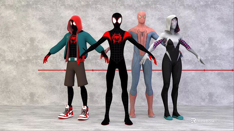 Game and Movie SpiderMan Characters in Different Costumes Standing Together 3d model 