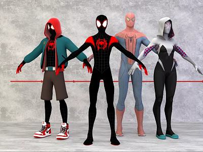 Game and Movie SpiderMan Characters in Different Costumes Standing Together 3d model