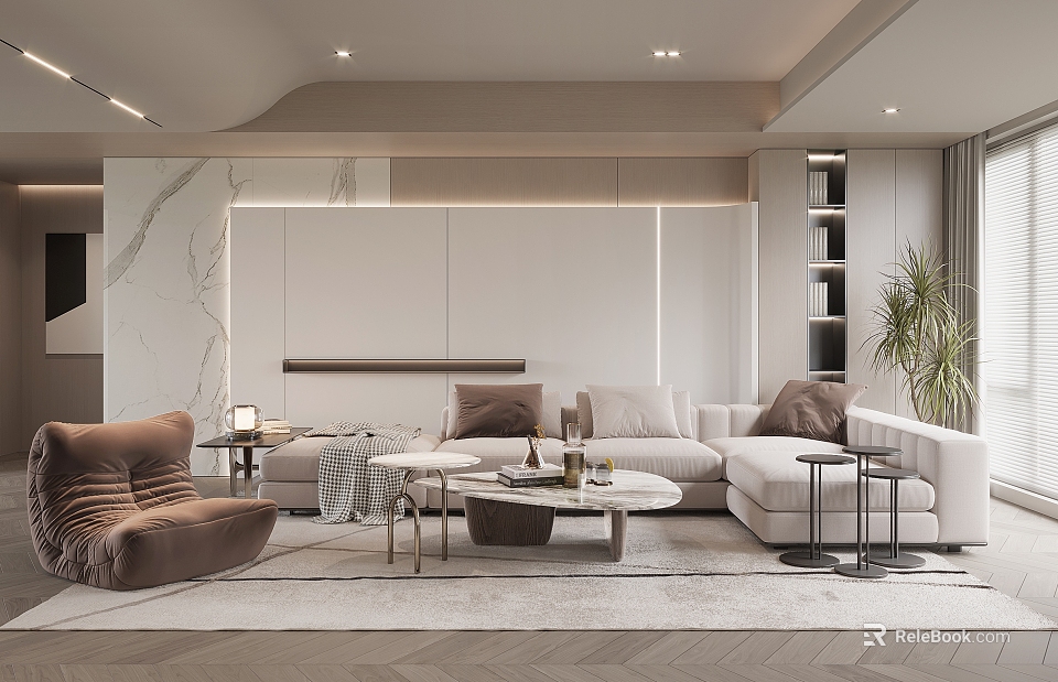 Modern Living Room Interior With L shaped Sofa Round Coffee Table And Marble Accent Wall 3d model 