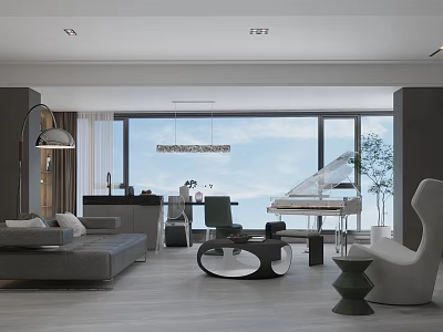 Modern Living and Dining Room with Gray Sofa Piano Floor to Ceiling Windows and Pendant Lights 3d model