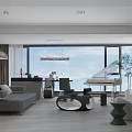 Modern Living and Dining Room with Gray Sofa Piano Floor to Ceiling Windows and Pendant Lights