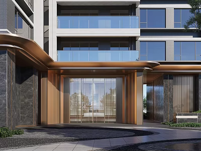 Modern Residential Building Entrance With Glass Door Metal Frame Marble Wall And Balcony Railings 3d model