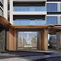 Modern Residential Building Entrance With Glass Door Metal Frame Marble Wall And Balcony Railings