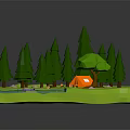 Cartoon Forest Scene With Green Pine Trees Orange Leaf Tree Small River Campfire And Stones