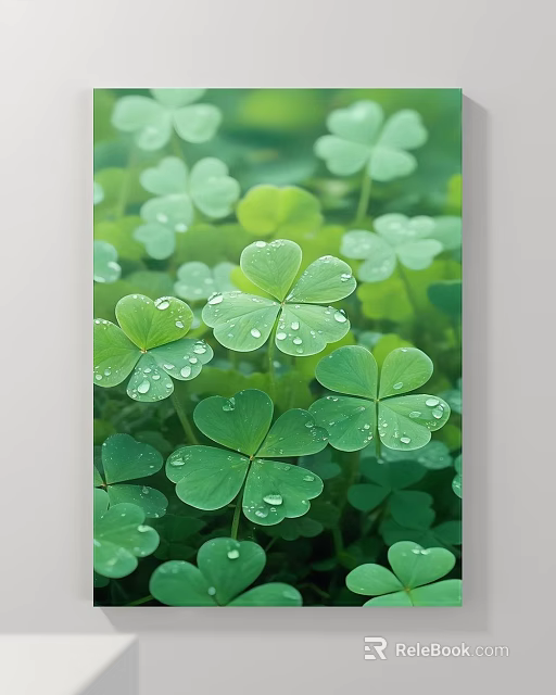 Vibrant Botanical Painting of Fresh Green Clover Leaves with Water Droplets 3d model 