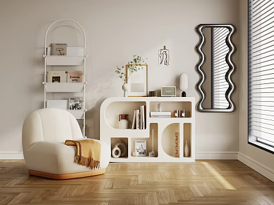White Modern Decorative Cabinet with Cozy Armchair Brown Throw Blanket Books Vase and Decorative Items 3d model