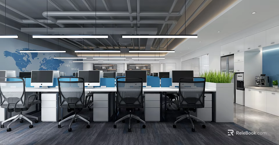 Modern Public Office Space With Open Work Desks Office Chairs Computer Monitors And Pendant Lights 3d model 