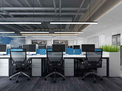 Modern Public Office Space With Open Work Desks Office Chairs Computer Monitors And Pendant Lights 3d model