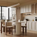 Modern Restaurant Interior With White Cabinets Rattan Details Dining Table And Window Lighting 3d model