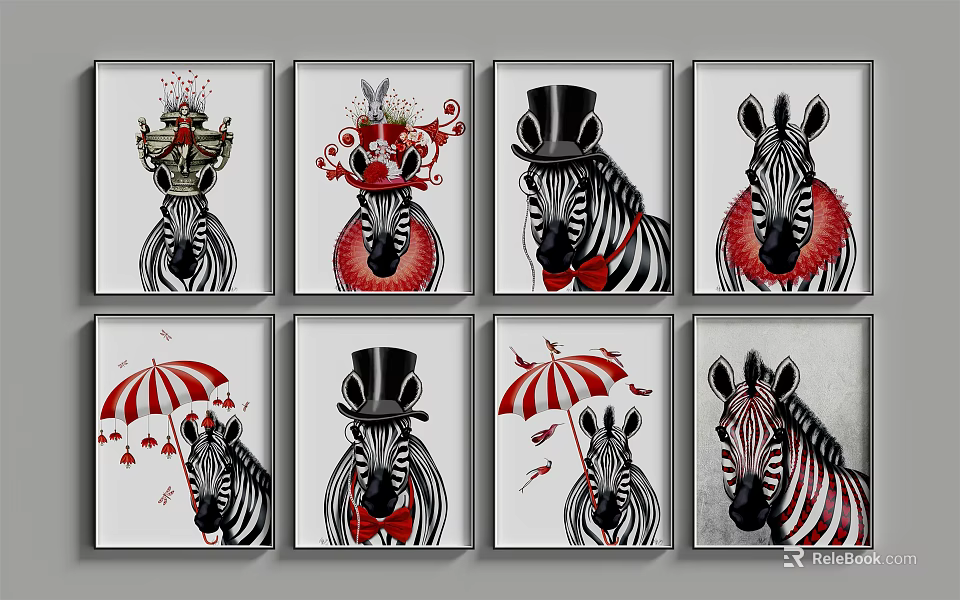 Set of Decorative Zebra Animal Paintings with Crowns Top Hats Bow Ties and Umbrellas 3d model 