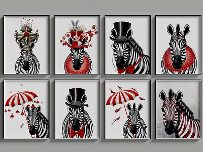 Set of Decorative Zebra Animal Paintings with Crowns Top Hats Bow Ties and Umbrellas 3d model