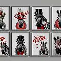 Set of Decorative Zebra Animal Paintings with Crowns Top Hats Bow Ties and Umbrellas