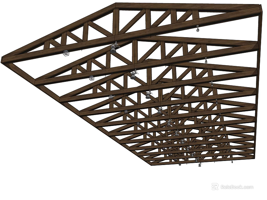 Wooden Ceiling Design With Intersecting Wooden Beams And Truss Framework 3d model