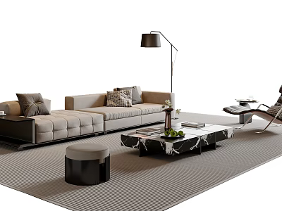 Modern Sofa and Coffee Table Set with Upholstered Seats Marble Top Accent Chair Floor Lamp and Striped Rug 3d model