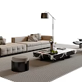Modern Sofa and Coffee Table Set with Upholstered Seats Marble Top Accent Chair Floor Lamp and Striped Rug