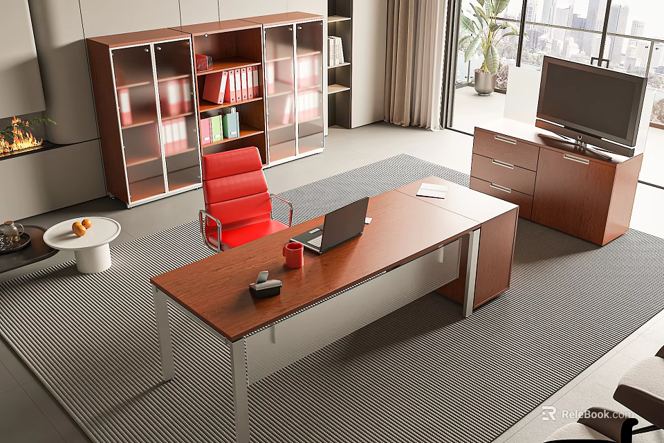 Modern Wooden Office Desk With Laptop Red Cup And Red Chair Near Glass Door Bookcase 3d model 