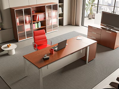 Modern Wooden Office Desk With Laptop Red Cup And Red Chair Near Glass Door Bookcase 3d model