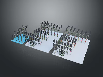 3D Model of Industrial Metal Structural Components With Various Height Brackets And Blue White Platforms 3d model