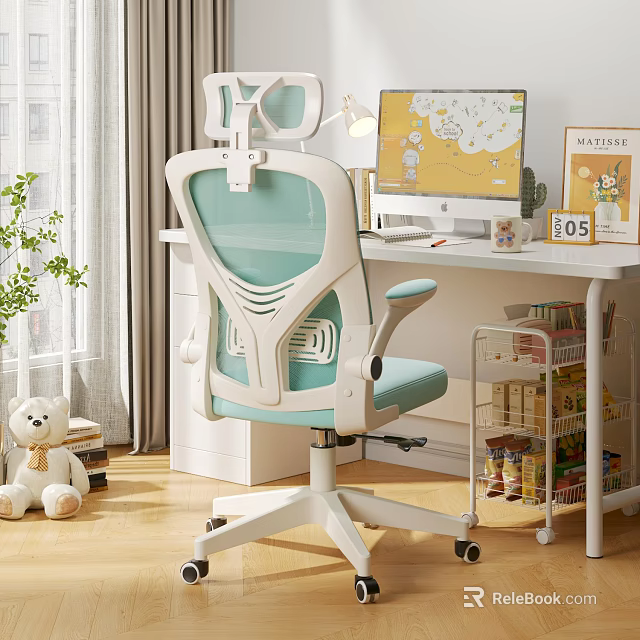 Ergonomic White Light Blue Leisure Chair In Home Office With Computer Desk Lamp And Green Plant 3d model 