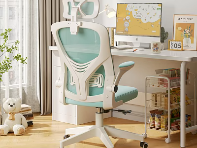 Ergonomic White Light Blue Leisure Chair In Home Office With Computer Desk Lamp And Green Plant 3d model