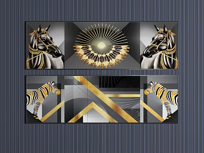 Decorative Wall Art Featuring Horse Tiger Figures Gold Black Geometric Patterns 3d model