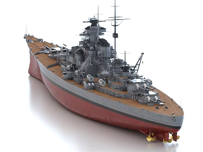 Detailed Military Warship With Turrets Masts Gray Superstructure And Red Hull Deck 3d model