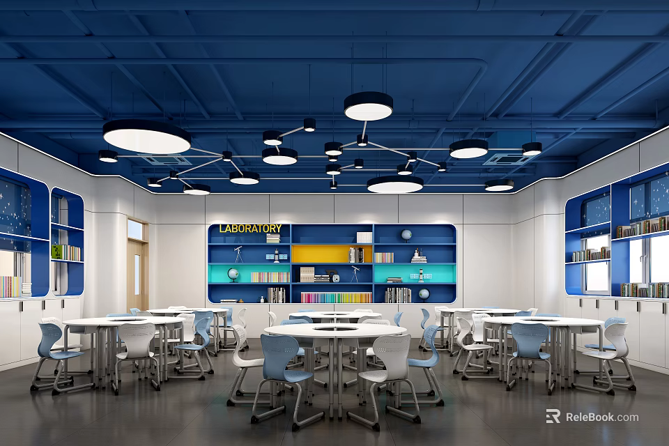 School Library Interior With Blue Ceiling White Walls Bookshelves Tables And Chairs 3d model 