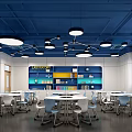 School Library Interior With Blue Ceiling White Walls Bookshelves Tables And Chairs