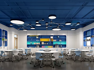 School Library Interior With Blue Ceiling White Walls Bookshelves Tables And Chairs 3d model