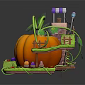 Whimsical Cottage Building With Purple Roof Giant Pumpkin Winding Vines And Ladder Path