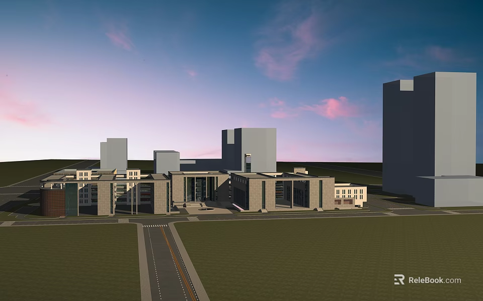 Modern Building Complex Featuring Various Height Structures Green Lawn And Sunset Sky 3d model 