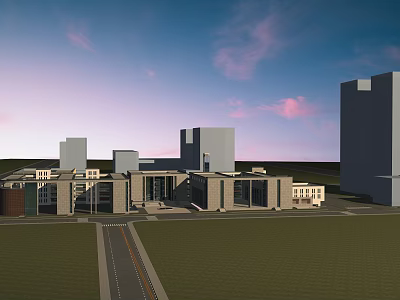 Modern Building Complex Featuring Various Height Structures Green Lawn And Sunset Sky 3d model