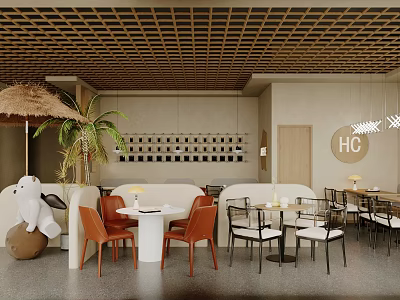 Modern Café Interior With Wooden Grid Ceiling Palm Plant And Colorful Chairs 3d model