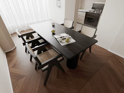 Modern Wooden Dining Table And Chairs Set With Cup And Open Magazine In Kitchen Area 3d model