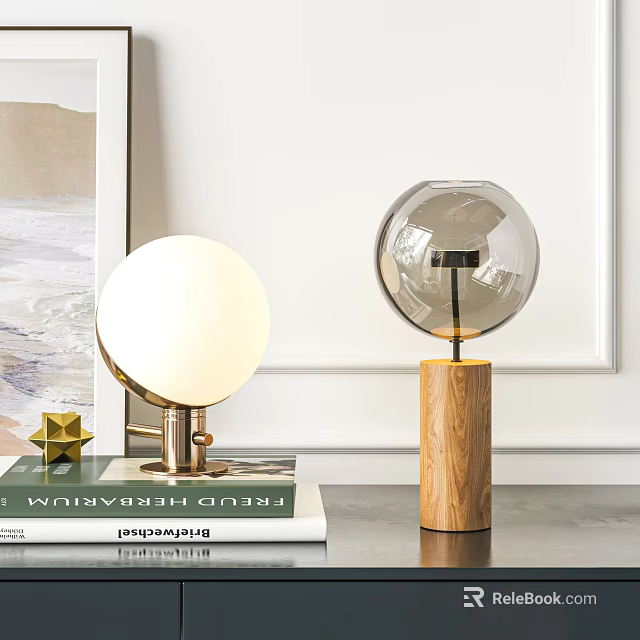 Stylish Table Lamps Gold Base White Sphere Shade and Wooden Base Clear Globe Decorative Lighting 3d model 