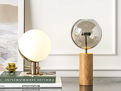 Stylish Table Lamps Gold Base White Sphere Shade and Wooden Base Clear Globe Decorative Lighting 3d model