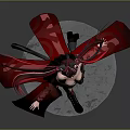 Game Anime Character With Pink Red Long Hair Cat Ears Black Outfit Red Skirt