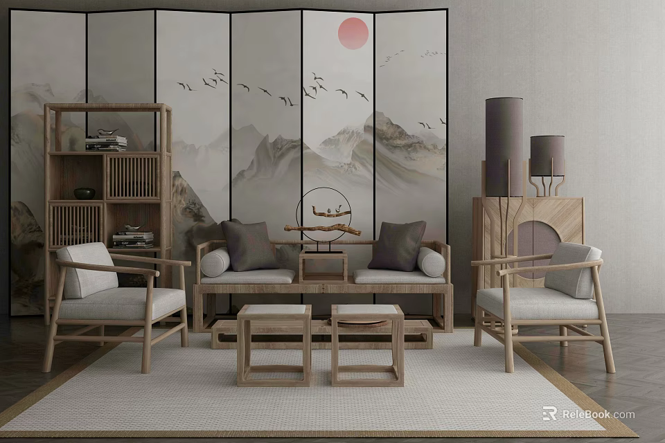 Elegant Chinese Style Sofa Coffee Table Combination with Wooden Screen Flying Birds and Mountain Landscape 3d model 