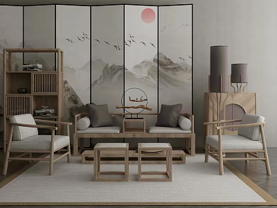Elegant Chinese Style Sofa Coffee Table Combination with Wooden Screen Flying Birds and Mountain Landscape 3d model