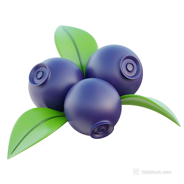 Fresh 3D Rendered Blueberries With Three Juicy Fruits And Green Leaves 3d model 