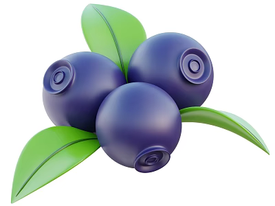 Fresh 3D Rendered Blueberries With Three Juicy Fruits And Green Leaves 3d model
