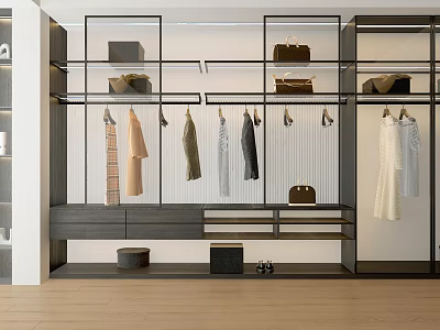 Modern Open Wardrobe Design With Hanging Clothes Bags Shelves And Drawers 3d model