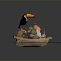 3D Character Scene Featuring Gnome In Boat With Toucan Mouse Apple And Paddle