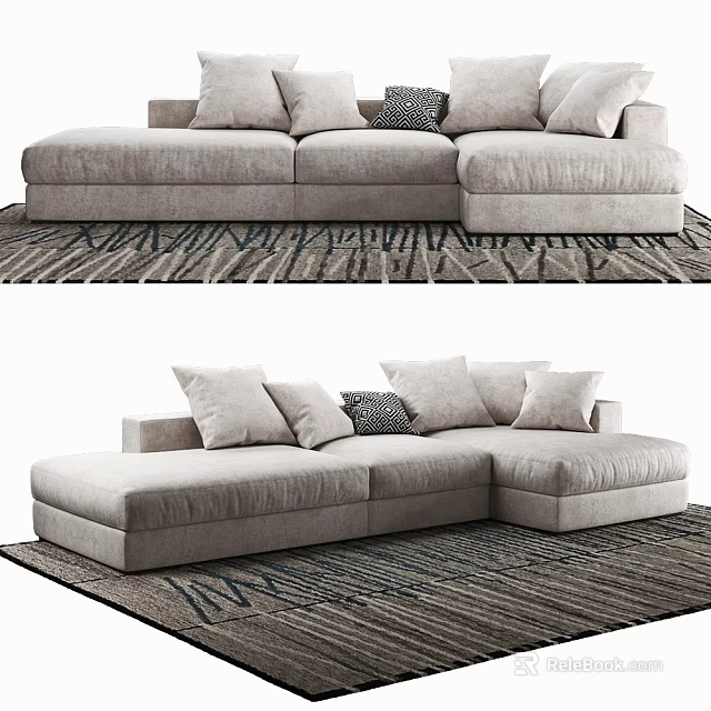 Comfortable Light Gray Sectional Sofa With Multiple Pillows And Patterned Cushion On Geometric Patterned Rug 3d model