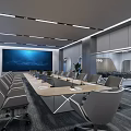 Modern Conference Room Interior With Long Meeting Table Gray Chairs Large Screen And Green Plant